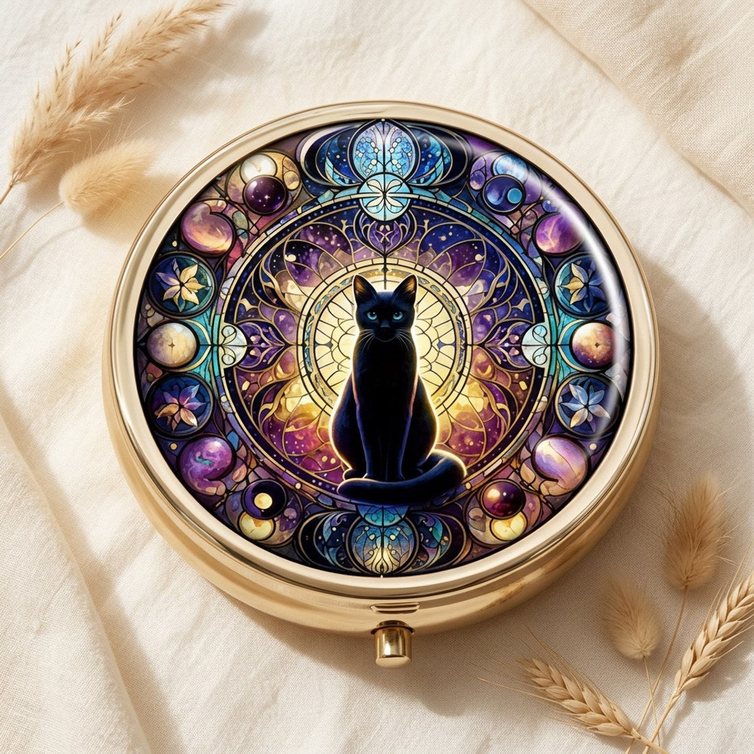 Moon and Black Cat Pill Box Round Gold Tone Celestial Witchy Tablet Case Gift