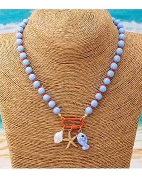 Bohemian Blue Beaded Necklace Orange Carabiner Starfish Fish Charm