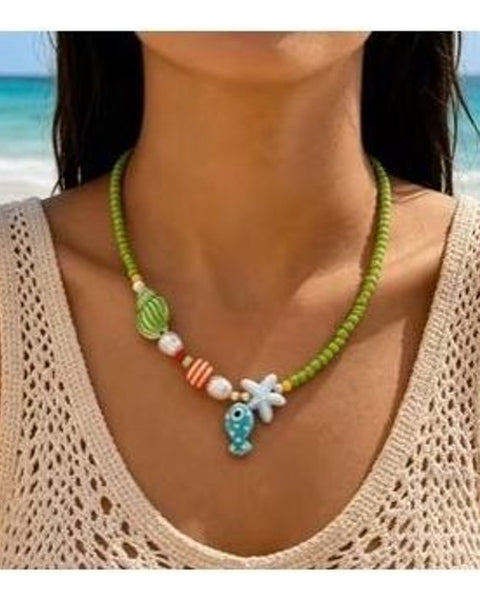 Bohemian Green Seed Bead Necklace Fish Starfish Stripe Bead Charms