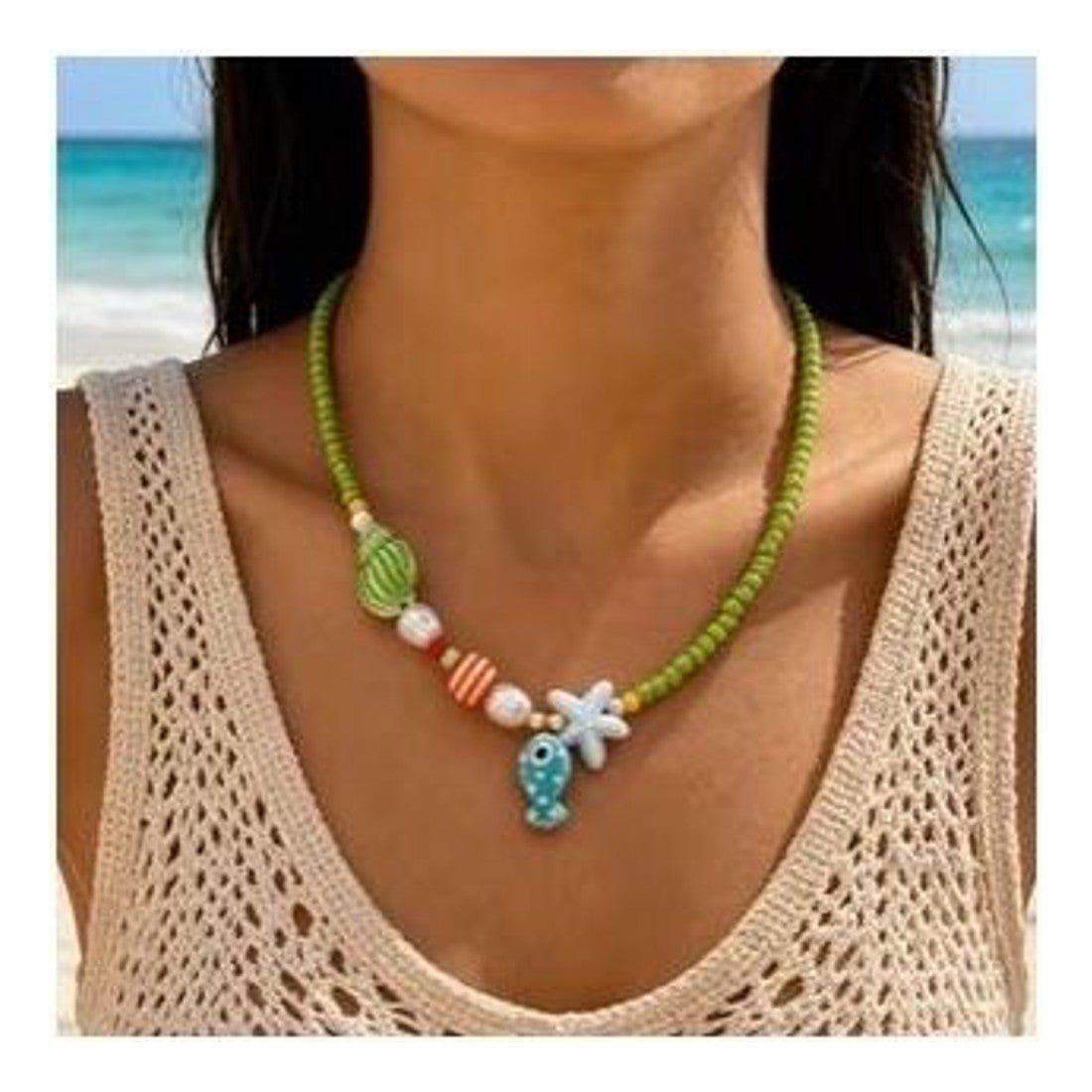 Bohemian Green Seed Bead Necklace Fish Starfish Stripe Bead Charms
