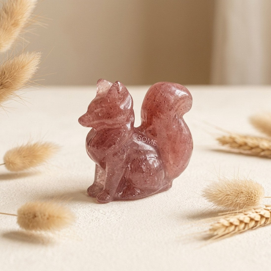 Strawberry Quartz Squirrel Carving 4cm