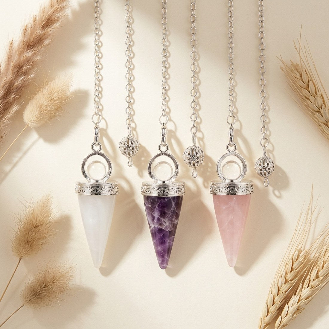Natural Stone Crystal Pendulums 3pc Set