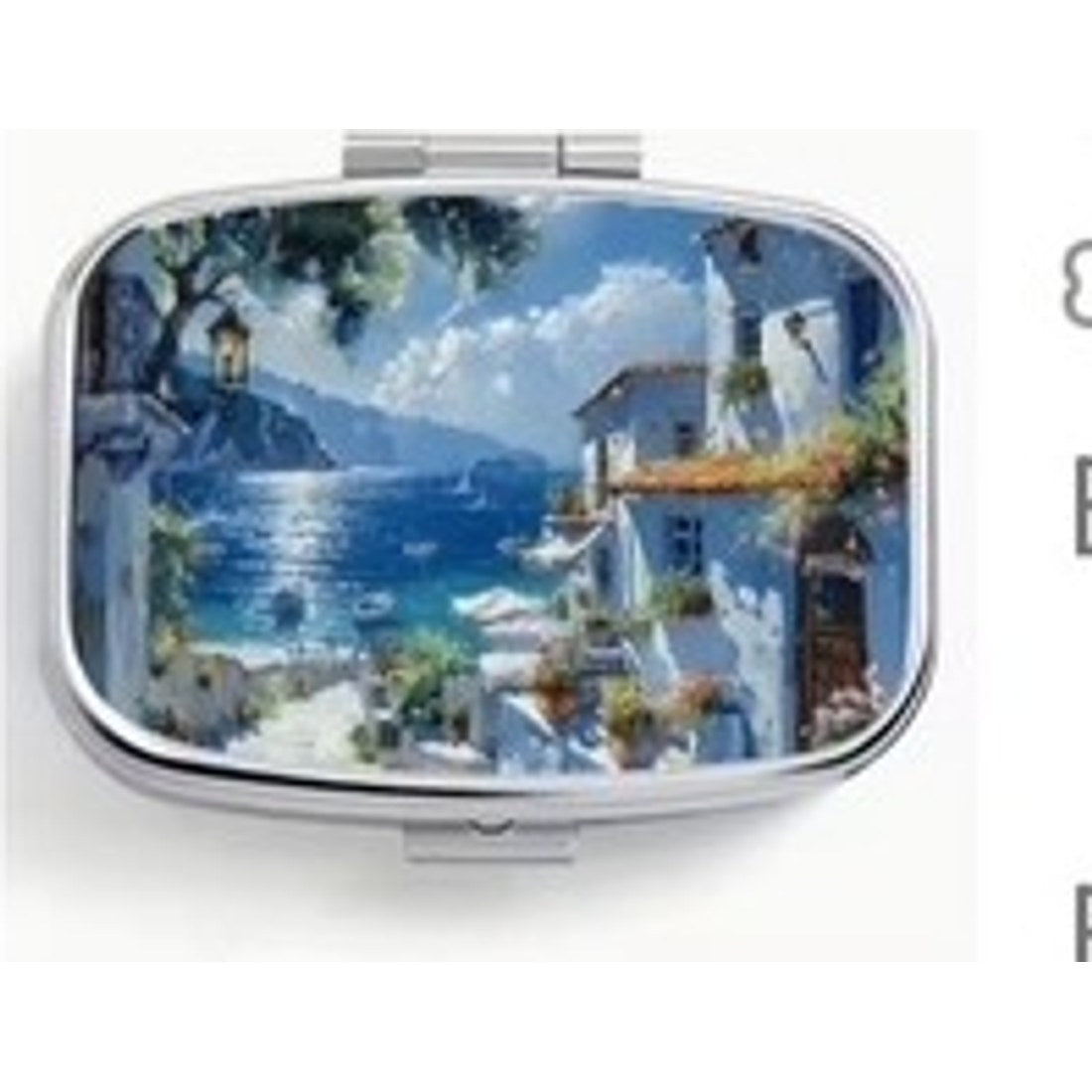 Seaside Town Pill Box Metal Hinged Blue Mediterranean Coastal Tablet Case Gift