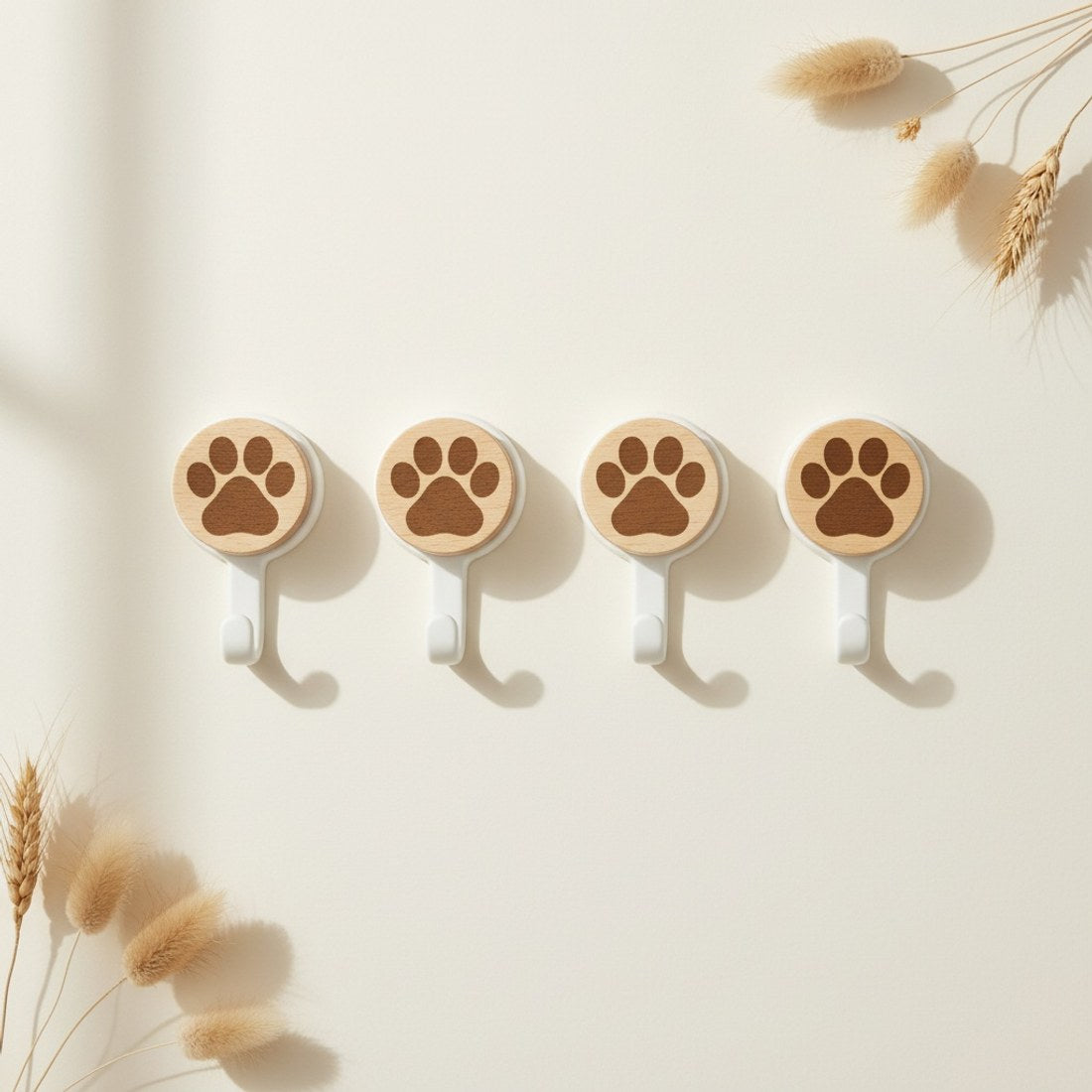 Wooden Paw Print Wall Hooks 4pc White