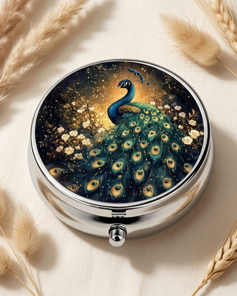 Peacock 3-Compartment Round Pill Box