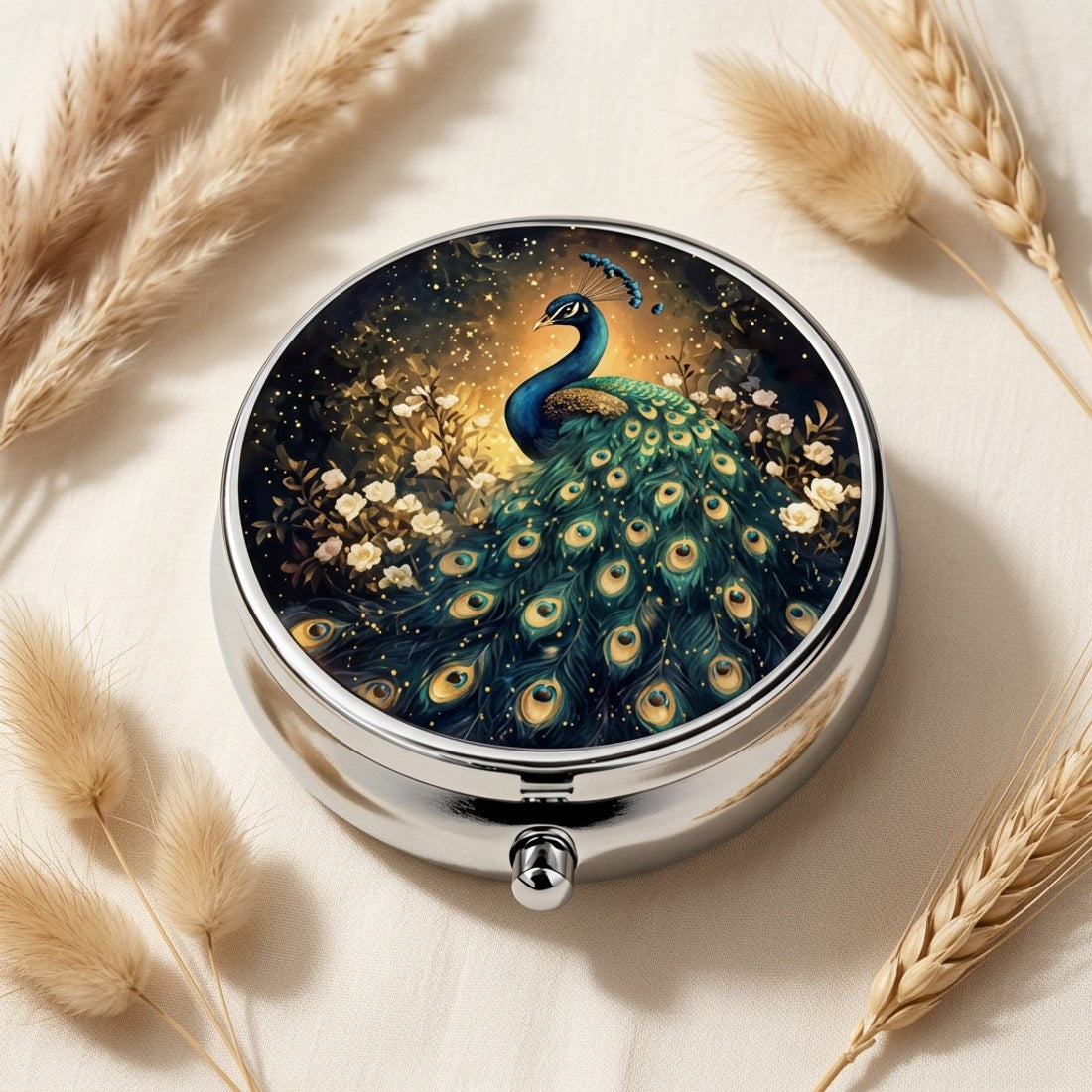 Peacock 3-Compartment Round Pill Box