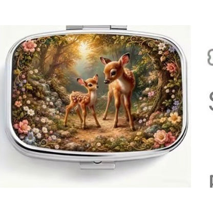 Deer and Forest Flowers Pill Box Square Metal Woodland Fawn Tablet Case Gift