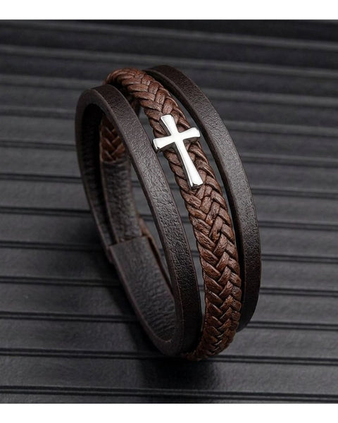 Vintage PU Leather Braided Bracelet Cross Detail Brown Men's Wristband