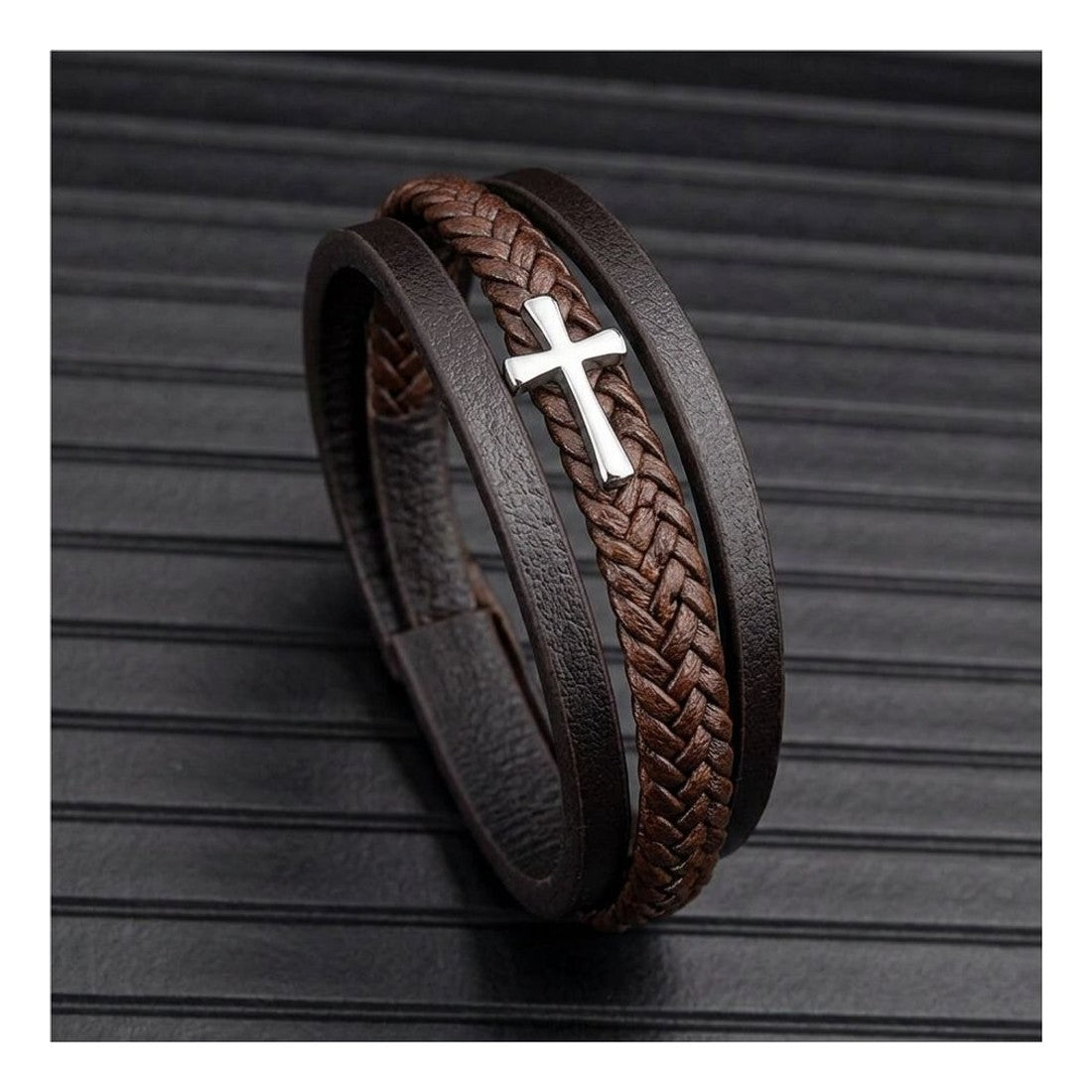 Vintage PU Leather Braided Bracelet Cross Detail Brown Men's Wristband