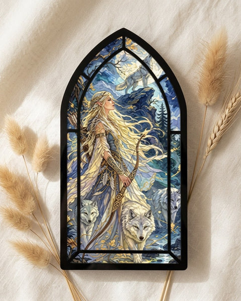 Acrylic Stained Glass Style Art Panel Goddess and Wolves Arch Gothic Shelf Decor