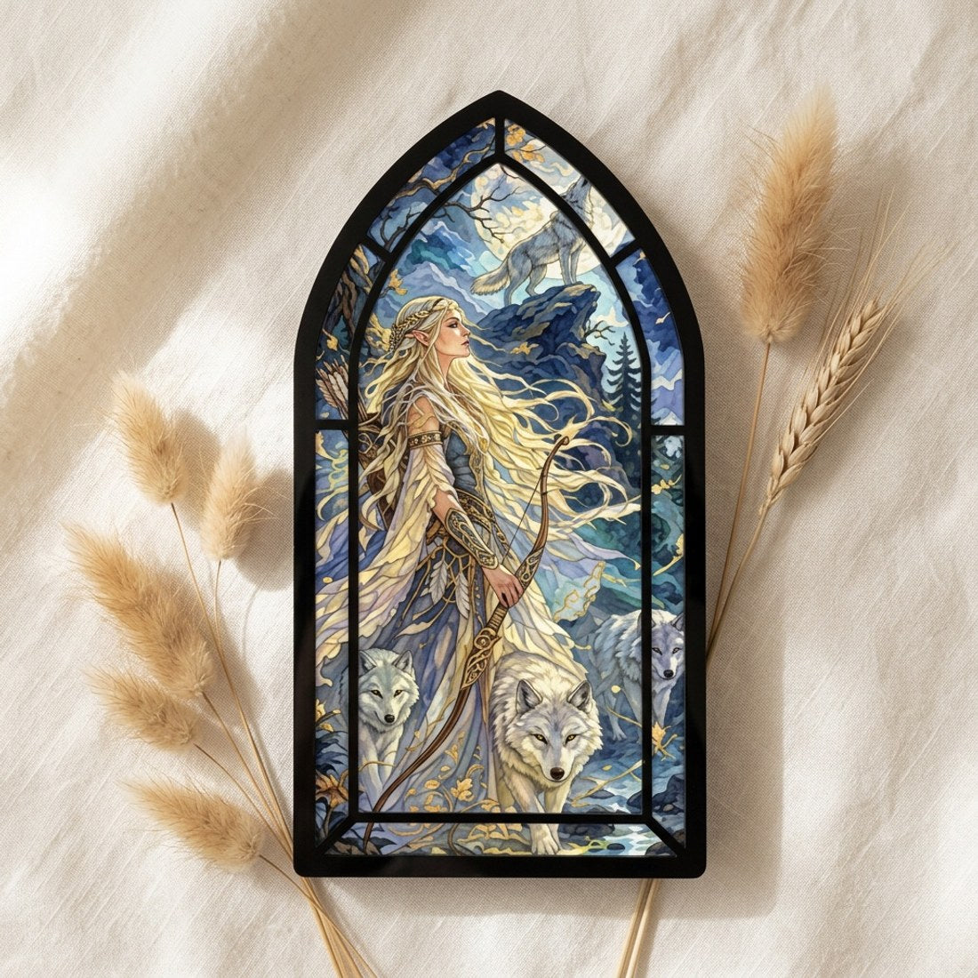 Acrylic Stained Glass Style Art Panel Goddess and Wolves Arch Gothic Shelf Decor