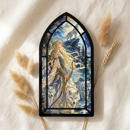 Acrylic Stained Glass Style Art Panel Goddess and Wolves Arch Gothic Shelf Decor