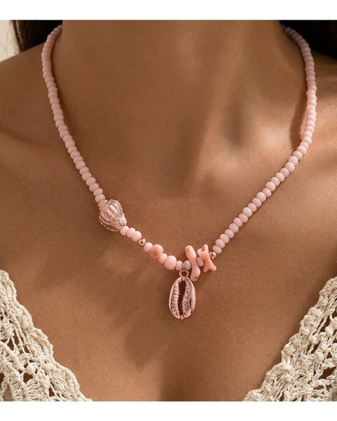 Summer Seaside Pink Bead Necklace Shell Charm Vacation Boho Piece