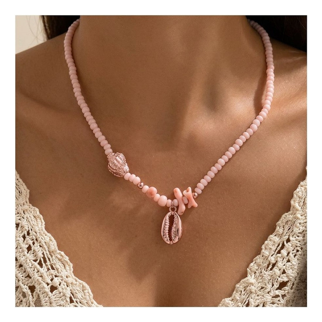 Summer Seaside Pink Bead Necklace Shell Charm Vacation Boho Piece