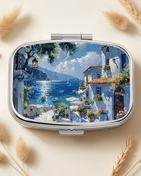 Seaside Town Pill Box Metal Hinged Blue Mediterranean Coastal Tablet Case Gift