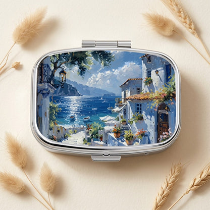 Seaside Town Pill Box Metal Hinged Blue Mediterranean Coastal Tablet Case Gift