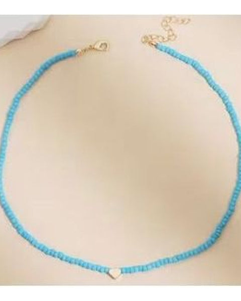 Bohemian Blue Rice Bead Necklace Tiny Heart Detail Dainty Beach Choker