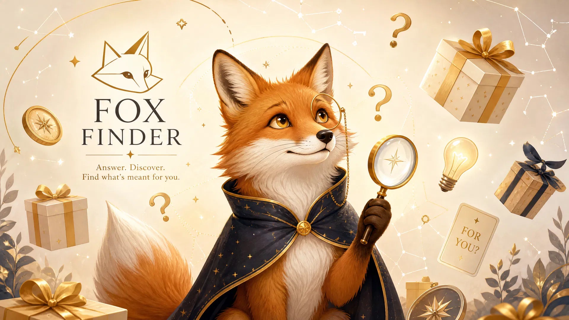 The Fox Finder, a caped fox with a magnifying glass, surrounded by gifts and constellations